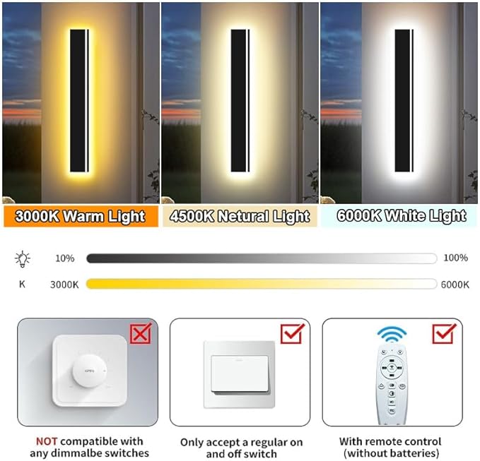 2pcs 47in Long Outdoor Modern LED Wall Lights 4.33in Wider Coverage IP65 Waterproof Black Outdoor Sconce Lights 3000K-6000K Dimmable Exterior Wall Light Fixtures for House Garage Front Door