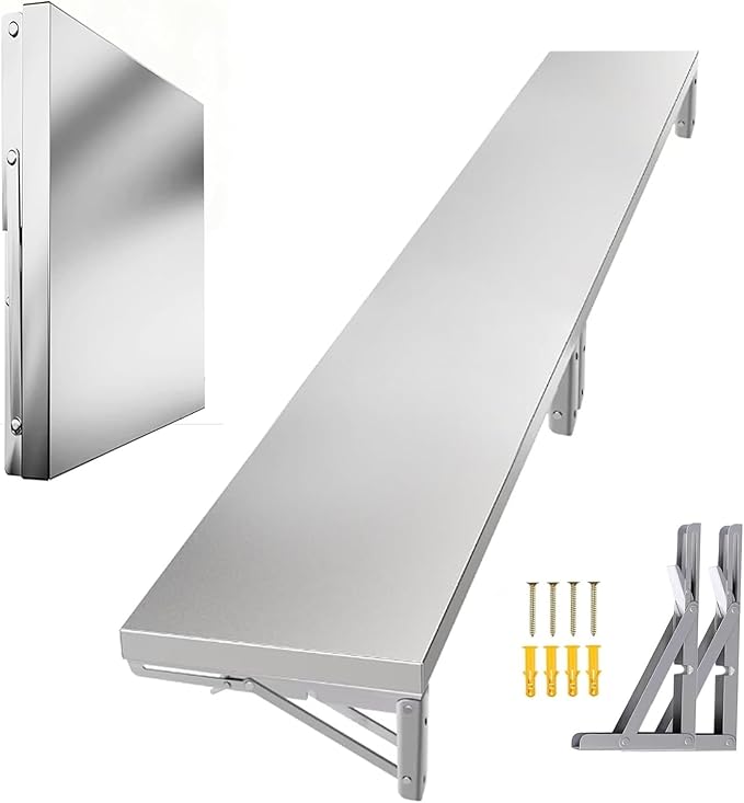 Food Truck Wall Shelving Space Saving Extra Long Stainless Steel Concession Folding Shelf Outdoor Easy Installation Countertop Extension Fold Down(30x14in/76x35cm)