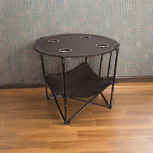 Preferred Nation | 2 Tier Folding Camping Table with 4 Mesh Cup Holders Black | Polyester with Metal Frame | Compact Convenient Carry Case Included | Side Table for Tailgate
