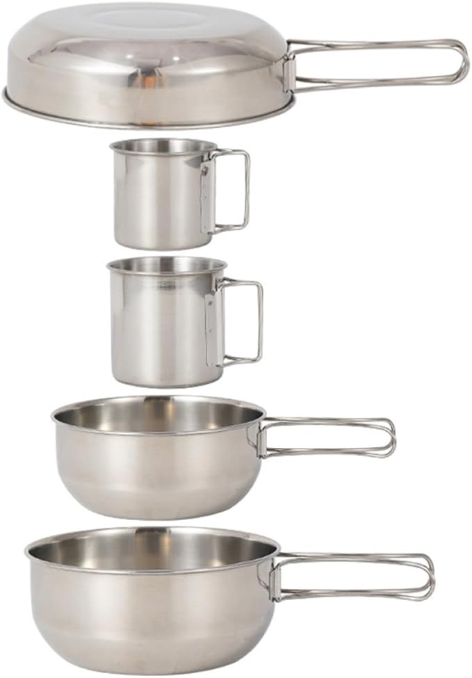 5pcs Stainless Steel Camping Pot and Cups Set Outdoor Picnic Cookware with Frying Pan Heat-Resistant Mess Kit for Hiking Fishing and Mountaineering