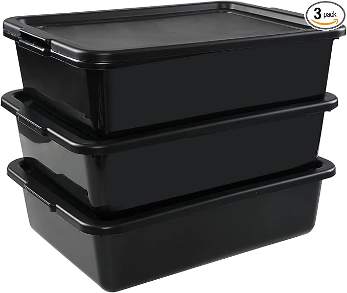 3-Pack Plastic Bus Tubs with Lid 13 L Commercial Bus Box with Lid Black