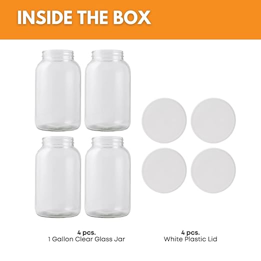FastRack 1 Gallon Mason Jar with White Airtight Lid (Pack of 4) | Regular Glass Canisters with Airtight Lids | Large Mouth Glass Jar for Food Storage Canning Fermentation Pickling