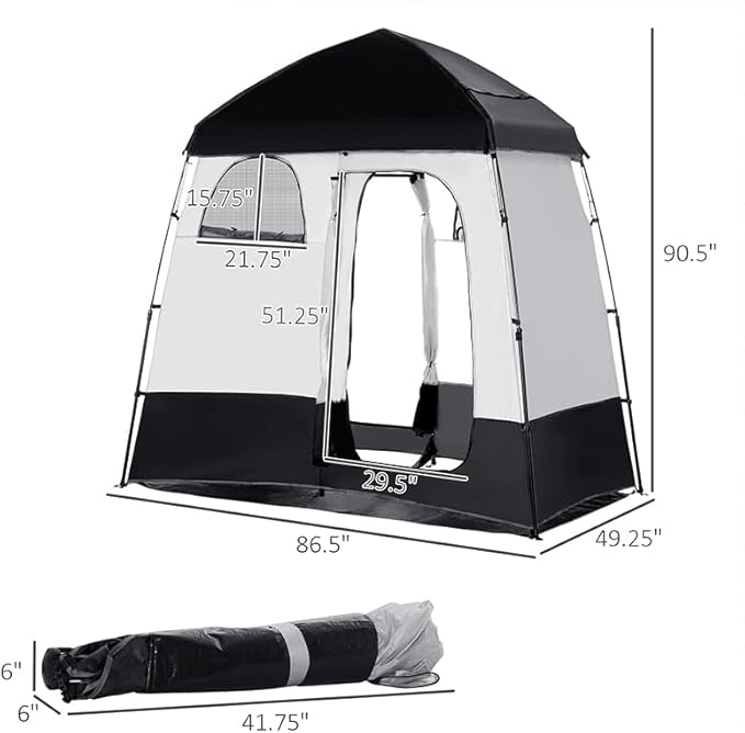 Outsunny Shower Tent Pop Up Privacy Shelter for Camping Dressing Changing Room Portable Instant Outdoor Shower Tent Enclosure w/ 2 Rooms Shower Bag Floor and Carrying Bag Black