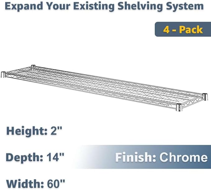4-Pack 14x60 Wire Shelf Chrome | Metal Storage Rack Add-On Shelves Replacement Parts Kit