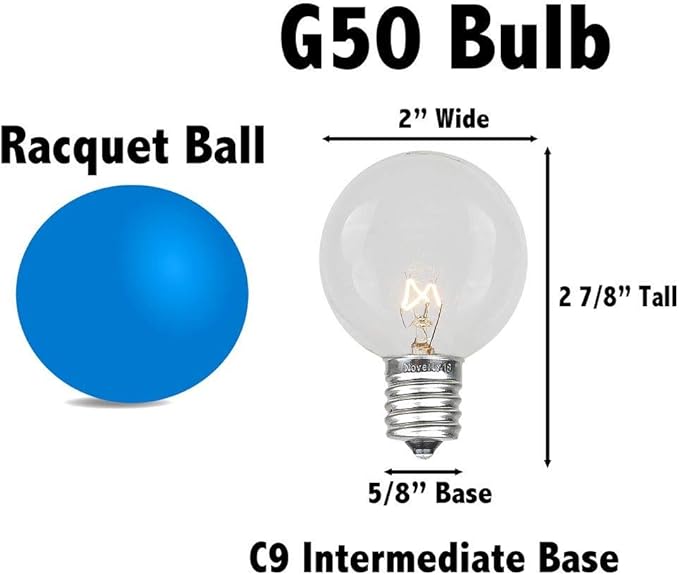 25 Foot G50 Outdoor Patio String Lights with 25 Purple Globe Bulbs – Indoor Outdoor String Lights – Market Bistro Café Hanging String Lights – C9/E17 Base - Black Wire