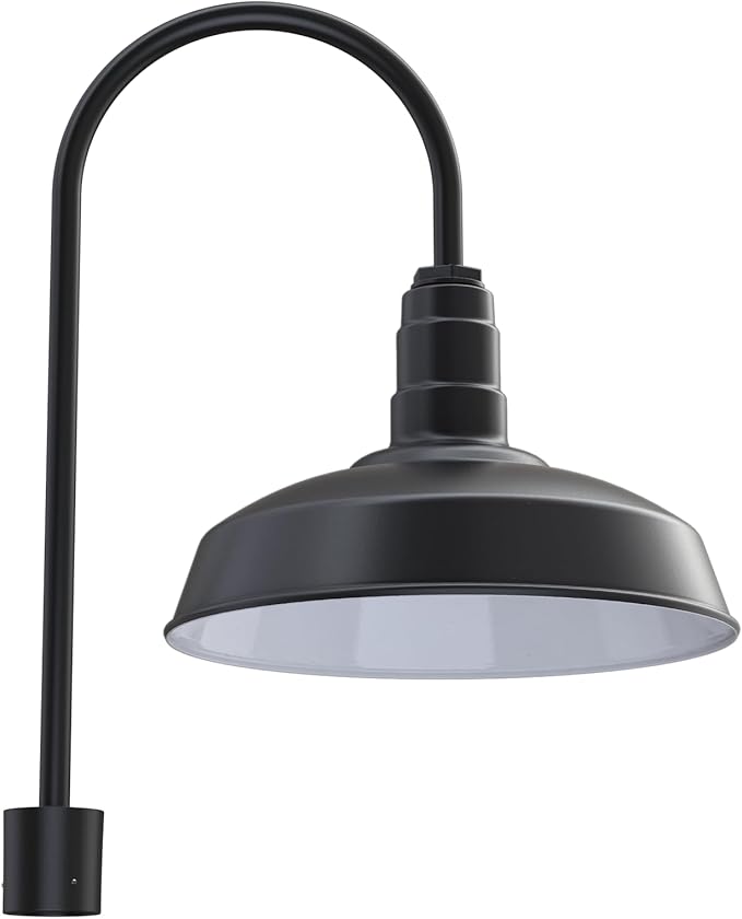 Steel Lighting Co. Gardena Barn Light | Outdoor Pole Top Mounted | 16 Dome | Upslope Gooseneck with Slip Fitter for 2-3/8 Standard Poles | Made in America | Matte Black Exterior/White Interior