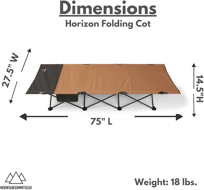 MOUNTAIN SUMMIT GEAR Horizon Cot Foldable Camping Cot for Children &amp Adults Durable Sleeping Pad with Steel Frame That Holds 300 lbs Folding Bed Includes Side Storage (by Caddis Sports)