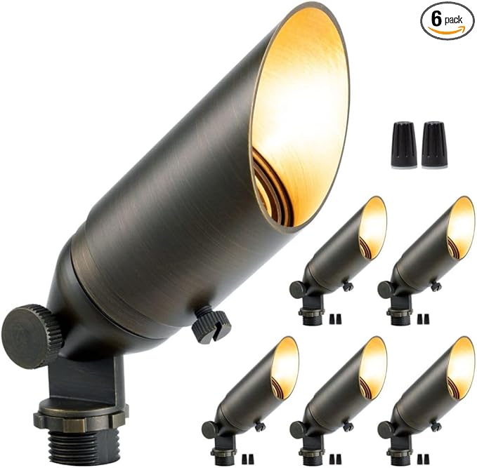 Gardenreet Spot Lights Brass - 12V Low Voltage Landscape Spotlight MR11 Wired Uplights Outdoor Waterproof LED Electric 180 Lumen Bronze for Exterior Patio Wall Without Bulb (6 Pack)