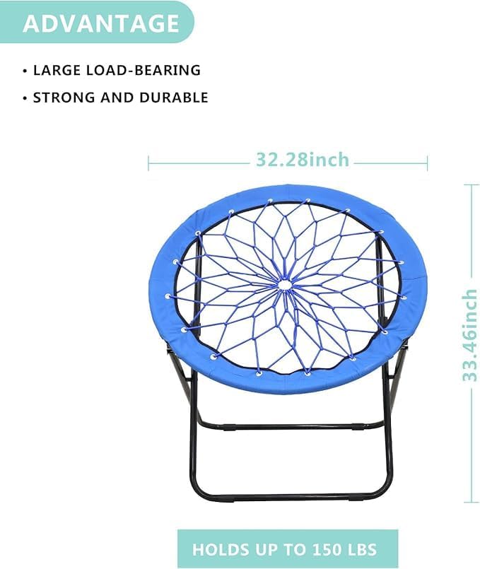 2 Pack Bungee Bunjo Folding Chair Saucer Dish Chair Bunjo Chair Outdoor Indoor Use for Camping Game&amp Recreation Room Livingroom Study (BLUE-2PK)
