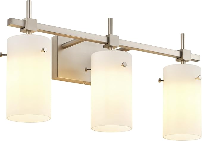SOLFART Brushed Nickel Bathroom Light Fixtures 3-Light Modern Vanity Light Over Mirror Wall Sconces with Milky White Frosted Glass Shades E26 Socket (Bulbs Not Included)
