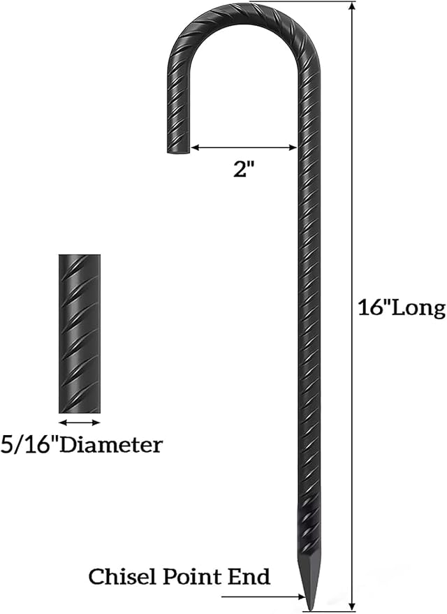 VVOKGO Rebar Stakes 16 Inches J Hook Heavy Duty Chain Link Fence Stakes 30 Pcs Metal Long Tent Spikes Ground Anchors for Wire Fencing Dogs Digging Camping Tents Swings Greenhouse Black