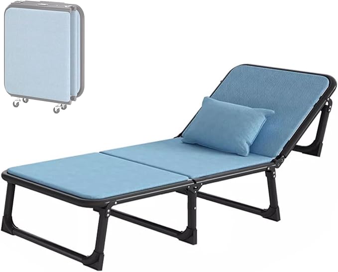 Portable Folding Bed for Adults 4 X 360° Universal Wheels 6 Positions Adjustable Reclining Folding Camping Cot Free Cushion and Dusts CoverBlue-190 * 63 * 35cm