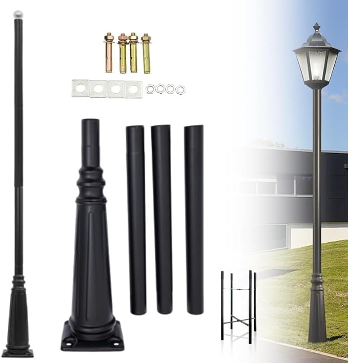 10FT Outdoor Lamp Post Split Street Light Pole with Top Globe &amp Ground Cage Lighting Post Fixtures for Pathway Courtyard Parking Lot Fits Standard 3 Post Top Fixtures (10FT 275+76mm)