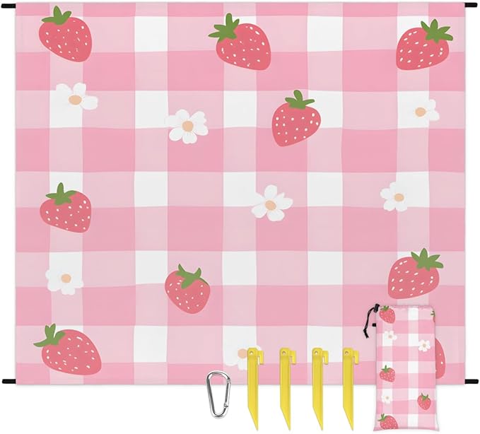 Waterproof Sandproof Beach Blanket 59''×68'' Pink Check Pattern Polyester Outdoor Picnic Blanket with 4 Stakes &amp Storage Bag for BeachCampingVacation