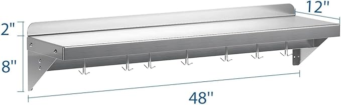 Floating Shelf with Backsplash12 x 48 Single Tube Wall Rack - Durable Stainless Steel Multi-Functional Design with 7 Hooks Space-Saving Solution for Kitchen Organization