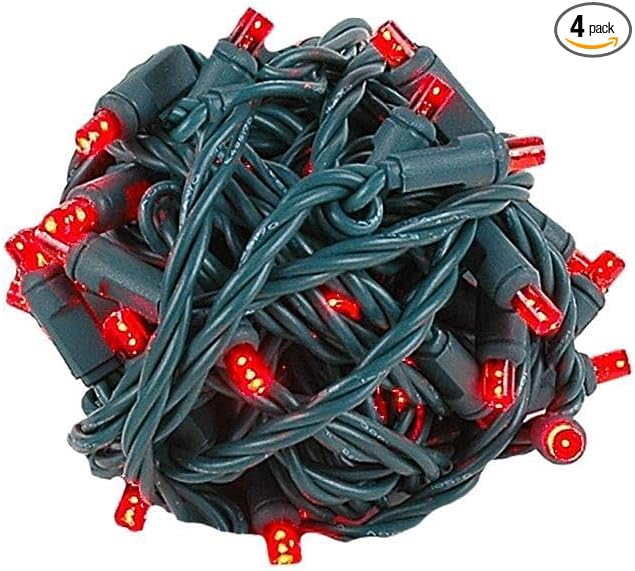 Novelty Lights Coaxial 4 Pack 25 Feet 50 Red LED Christmas String Commercial Grade Green Wire Waterproof Connections Modular Product Line Connect 43 Sets