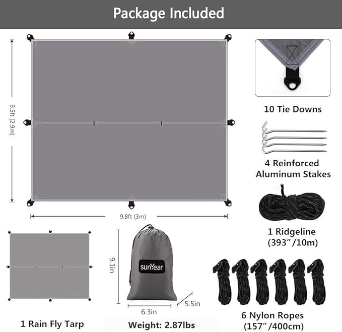Hammock Rain Fly Tent Tarp Provides Effective Protection Against Rain Snow. 32ft Long Ridgeline. Big 9.8x9.5ft Durable Waterproof 210D Oxford. 6 Reflective Guy Lines 2 Stuff Sacks. Easy Assembly