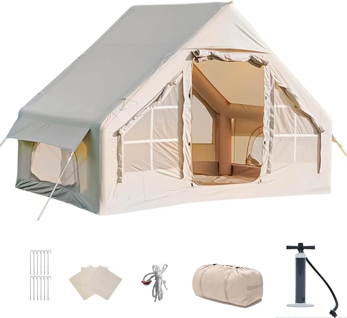 Inflatable Tents for Camping Blow Up Tent with Hand Pump for 2-6 Person Easy Setup 4 Seasons Waterproof Windproof Outdoor Oxford Cabin Tent House with Mesh Windows &amp Doors for Friend Family Trav