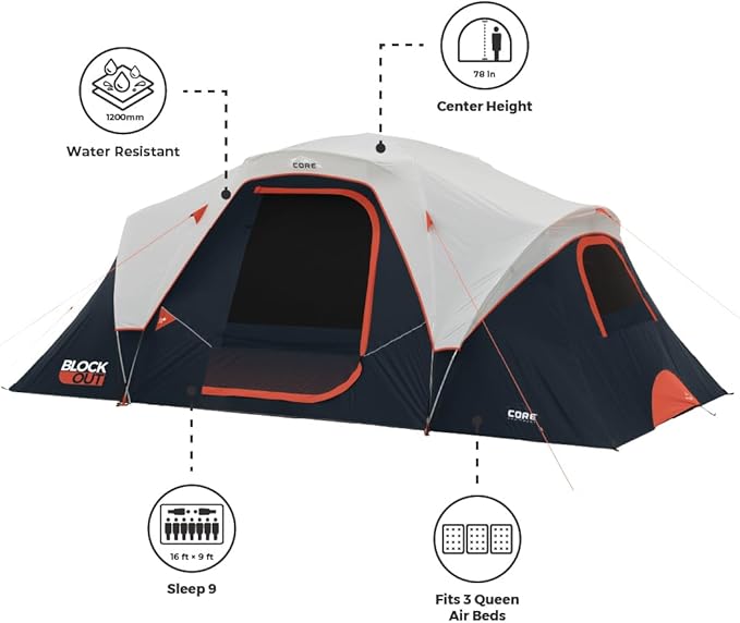 CORE Blackout 6 Person &amp 9 Person Dome Tent | Best Car Camping Outdoor Family Camp Tent | Included Storage Pockets for Camping Accessories | Portable Tent for Camping with Carry Bag