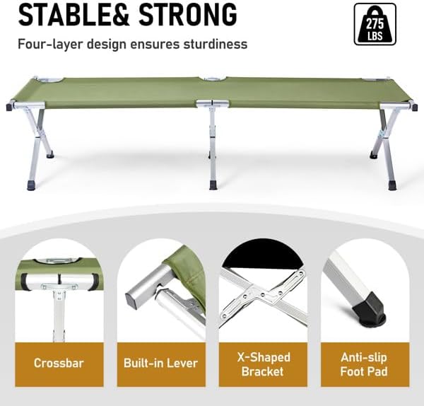 Portable Folding Camping Cot Heavy Duty Sleeping Bed with Carrying Bag 610D Oxford Cloth &amp Lightweight Aluminum Frame 275lbs Load Outdoor Cot for Adults Travel Hiking Office (Green 2 Pack)
