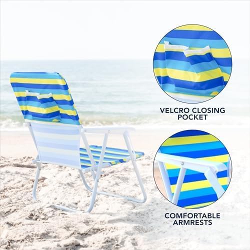 CARIBBEAN JOE Folding Beach Chair 1 Position Lightweight and Portable Foldable Outdoor Camping Accessories with Carry Strap (Bold Stripe 225lbs Capacity)