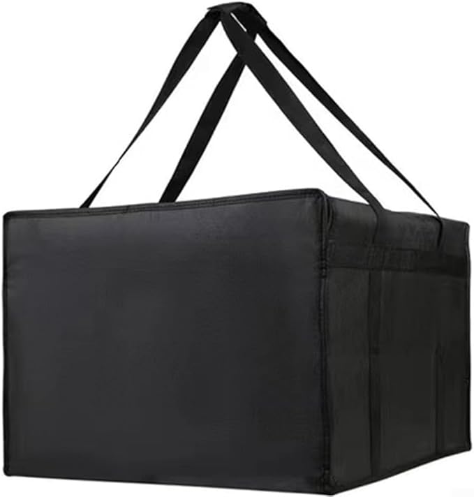Insulated Pizza Delivery Bag Large Capacity Non-Woven Fabric Thick Foam Padding Heat Retention Water-Resistant Transparent Order Pocket Wristband Opening(Black 50 * 20.5CM)