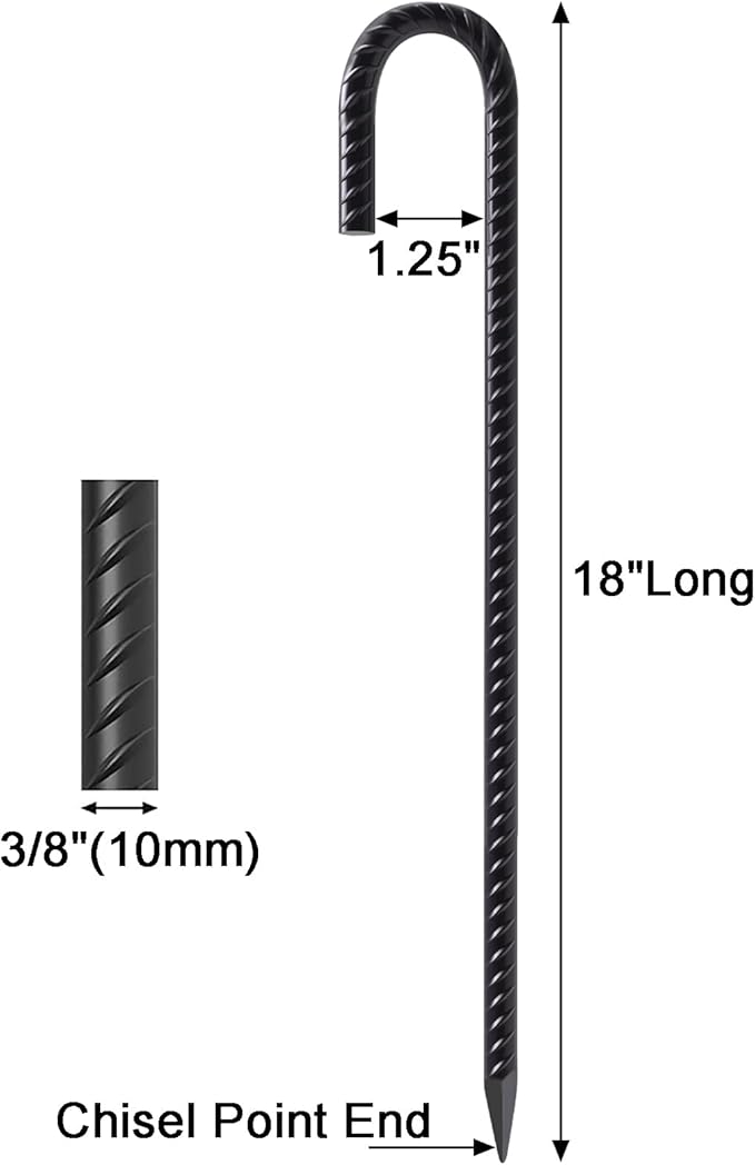 VVOKGO Rebar Stakes 18 Inch J Hook Heavy Duty Ground Anchors (16-Pack) 3/8 Diameter Metal Steel Extra Long Fence Stakes with Chisel Point End for Greenhouse Gazebo Carport Camping Tents Black