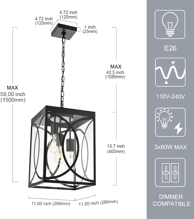 Outdoor Pendant Light Fixture 3-Light Black Large Exterior Hanging Lantern with Clear Glass Metal Outdoor Chandelier Porch Lighting for Front Porch Entrance