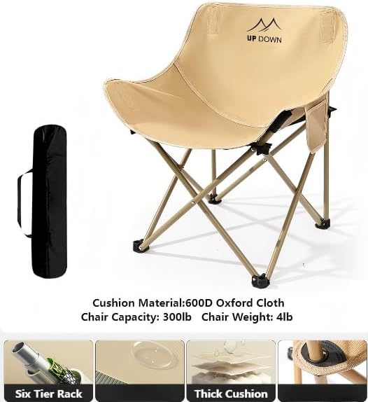 Portable Folding Camping Chair Lightweight Outdoor Lawn Chair with Cup Holder and Carry Bag for Beach Sports Events Fishing Hiking Travel Picnics and Backyard Use (Khaki)