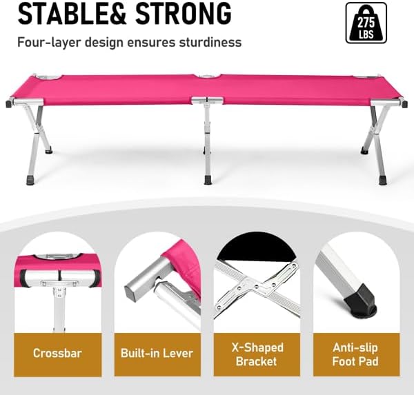 Portable Folding Camping Cot Heavy Duty Sleeping Bed with Carrying Bag 610D Oxford Cloth &amp Lightweight Aluminum Frame 275lbs Load Outdoor Cot for Adults Travel Hiking Office (Pink 1 Pack)