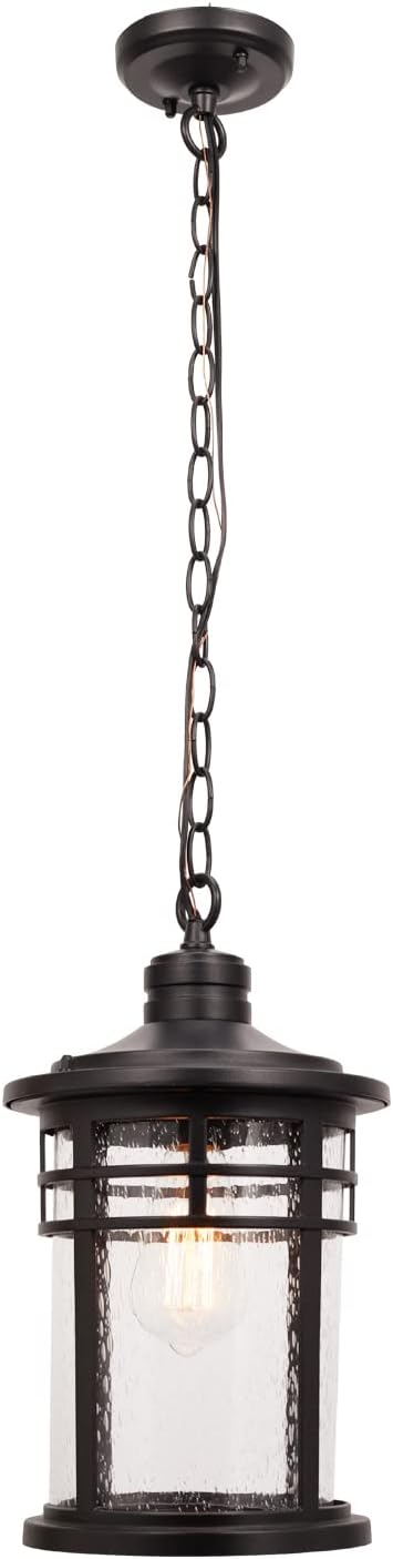 Darkaway Large Outdoor Pendant Lights 15inch Outdoor Chandelier Hanging Porch Lights Outside Ceiling Mount Aluminum with Seeded Glass for Front Door Gazebo Patio (Large Black)