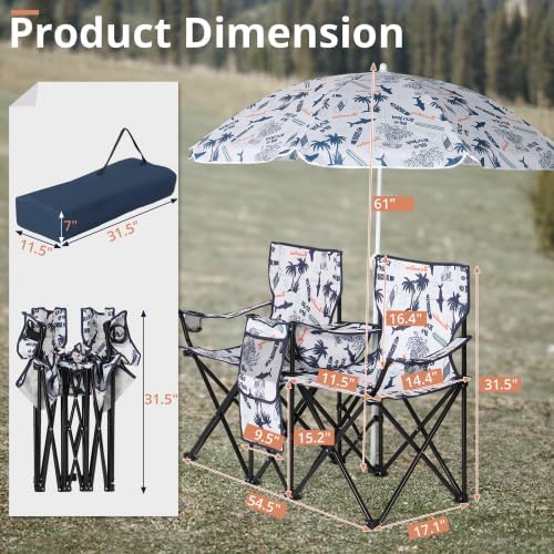 VINGLI Beach Chair with Umbrella for Adults Double Camping Chair with Canopy &amp Cooler Fold-Up Table Carrying Bag Folding Chair for Outdoor (Coconut Tree Patten)