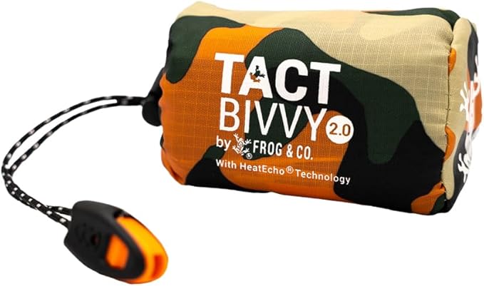 Survival Frog Tact Bivvy 2.0 Emergency Sleeping Bag with Stuff Sack Carabiner &amp Survival Whistle – Compact Lightweight Waterproof Reusable Thermal Bivy Sack Shelter Kit