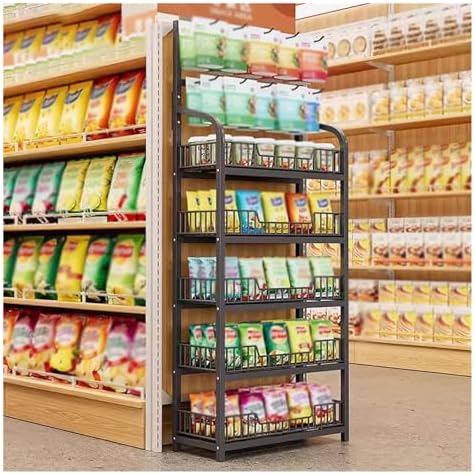 4/5 Tier Retail Display Shelves Metal White Black Supermarket Snacks Candy Storage Stand with Hooks Large Snack Organizer Pantry Kitchen Home Theater MovieBlack5 Tier50x27x166cm