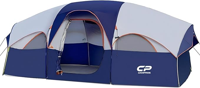 CAMPROS CP Tent 8 Person Camping Tents Weather Resistant Family Tent 5 Large Mesh Windows Double Layer Divided Curtain for Separated Room Portable with Carry Bag
