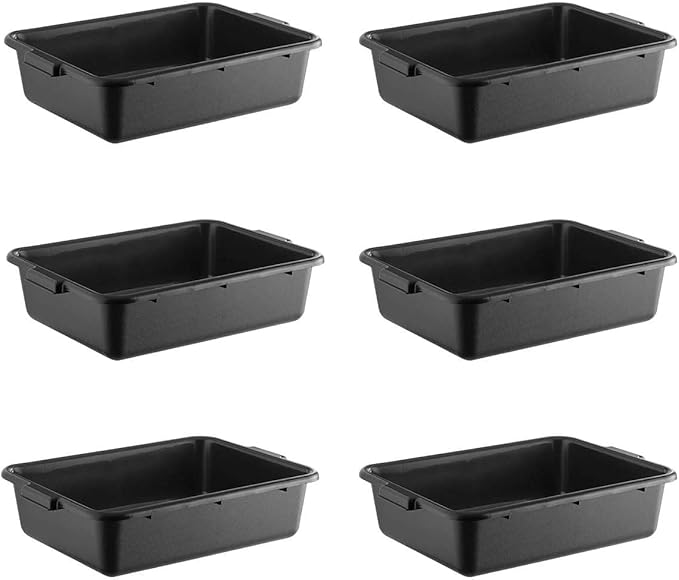 6-Pack 20 x 15 x 5 Commercial Bus Tub/Bus Box - 6.5 Gallons without Lid - Heavy-Duty Polypropylene Dish Box for Restaurants Kitchens and Foodservice - Stackable and Freezer-Safe - Black