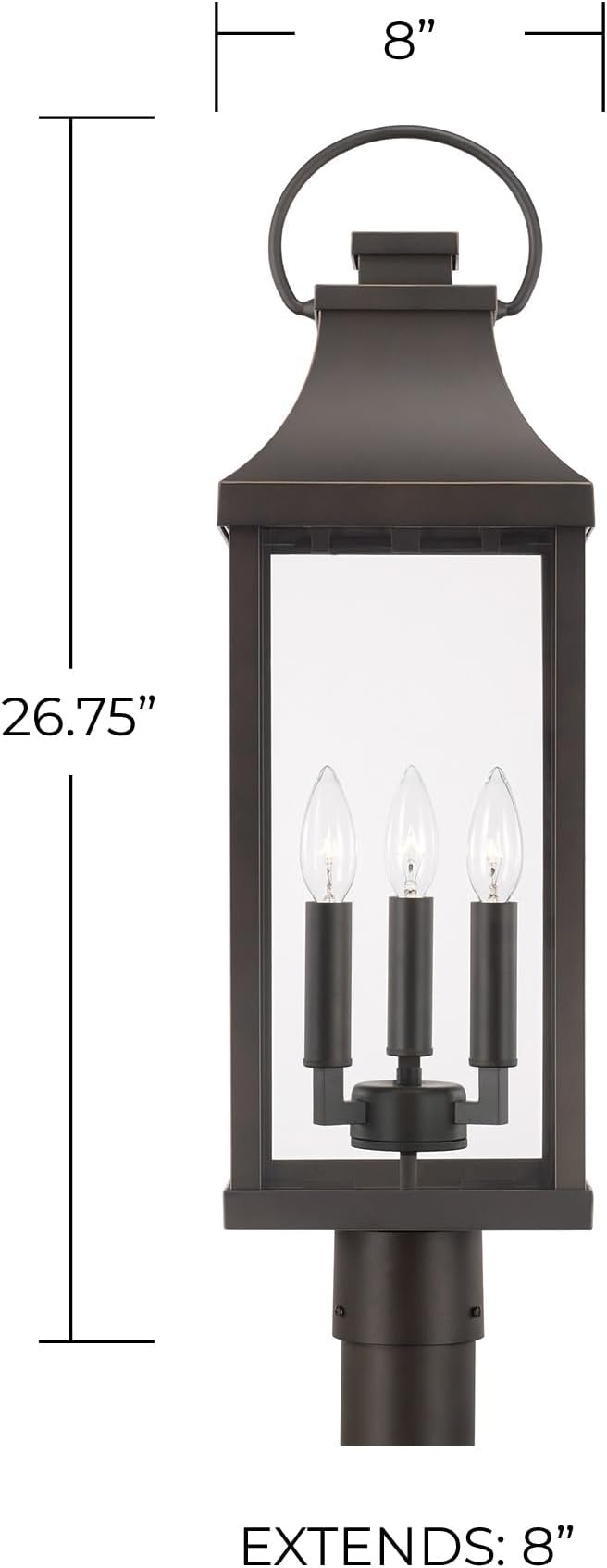 Capital Lighting 946432OZ Bradford Clear Glass Outdoor Post Lantern 3-Light 180 Total Watts 27 H x 8 W Oiled Bronze