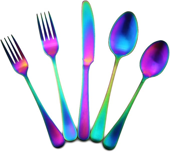 Gugrida Matte Rainbow Portable Stainless Steel 20-Piece Silverware Set Cutlery Set Service for 4 Travel Utensils Set for Camping Office Colorful Knife Fork Spoon Set Dishwasher Safe