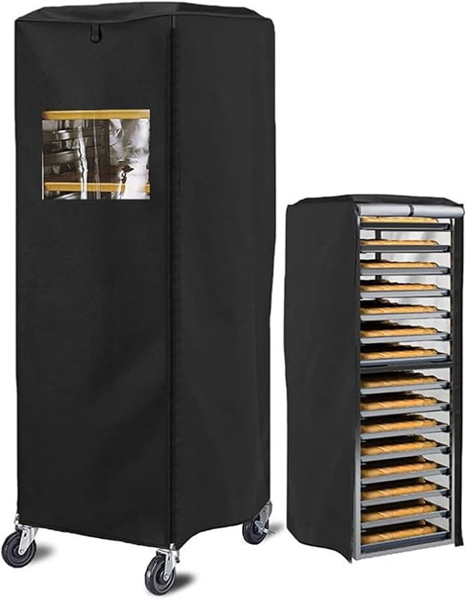 420D Waterproof and Dustproof Bun Rack Cover with PVC Window for 59x72x163cm Commercial Bakery Pan Rack Black Polyester Fabric Outdoor Protection