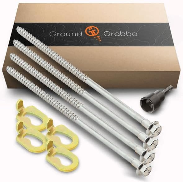 GroundGrabba Junior Stake Kit | Heavy Duty Screw-in Ground Anchors for Tents Outdoor Camping and Backpacking | 4 Stakes The Fang (4) 15mm Hex Driver (1)