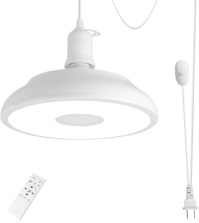 HOREVO Outdoor Plug-in Pendant Light: Modern Farmhouse Hanging Fixture Remote Control Bluetooth Speaker Color-Changing LED - Ideal for Patio Deck Garden and Outdoor Entertaining