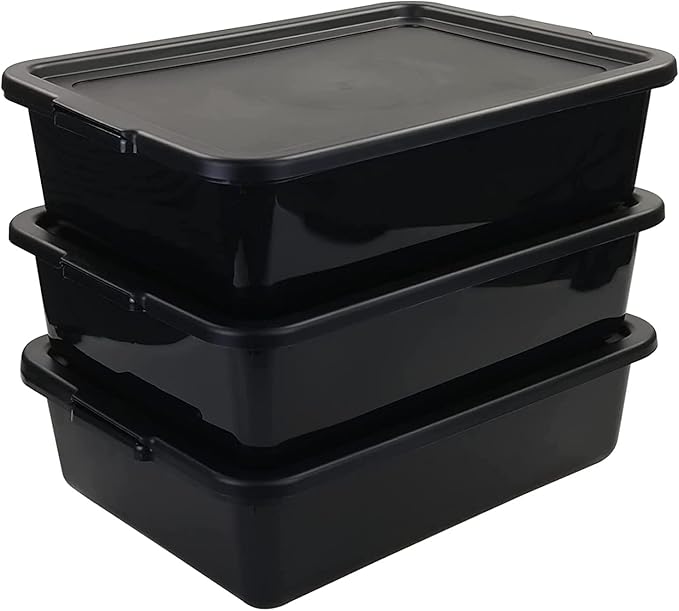 13 L Black Plastic Bus Tub with Lid 3 Pack Bus Dish Pan