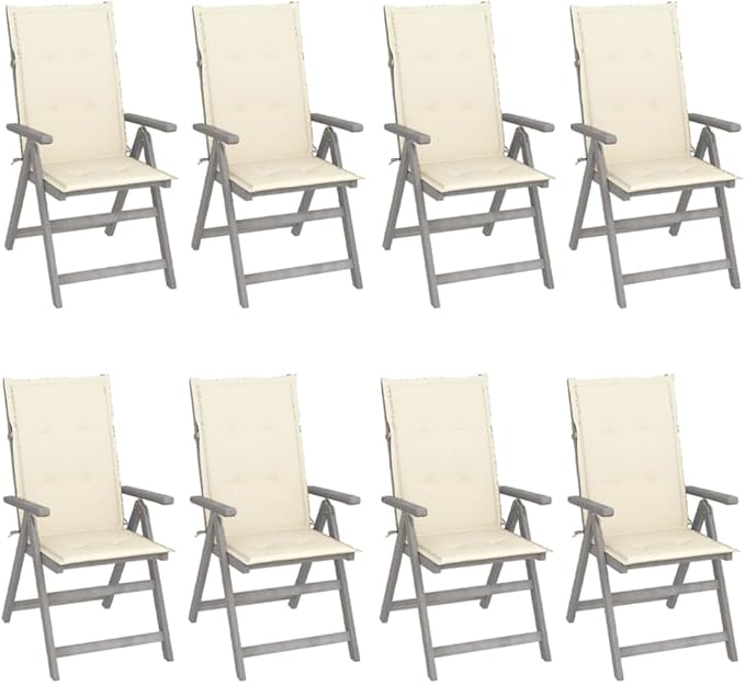 8-Pack Garden Recliner Chairs Set Grey Solid Acacia Wood 5-Position Folding Outdoor Lounge Chairs Weathered Finish for Patio Balcony Terrace Lawn 27.6 x 22 x 43.3 in