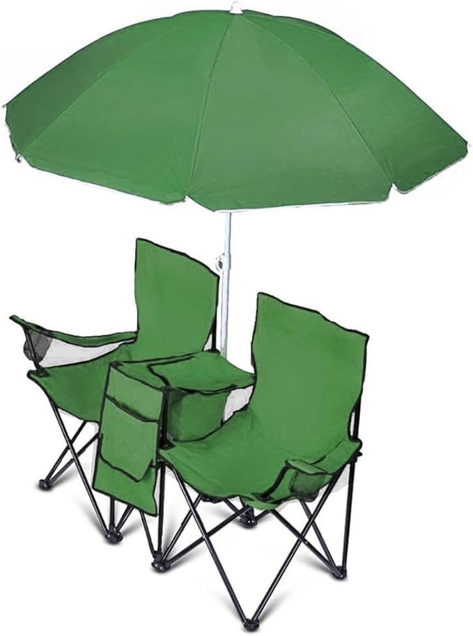GoTEAM! Portable 2-Seat Folding Camp Chair with Cooler Umbrella &amp Cup Holders – Outdoor Picnic Beach or Tailgate Seating – Carry Case Included
