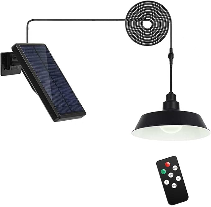 Solar Pendant Lights Outdoor Solar Shed Light with 360° Adjustable Panel Dimmable Lighting with Remote Control 16.4ft Cable IP65 Waterproof for Patio Garage Camp Chicken Coop Barn