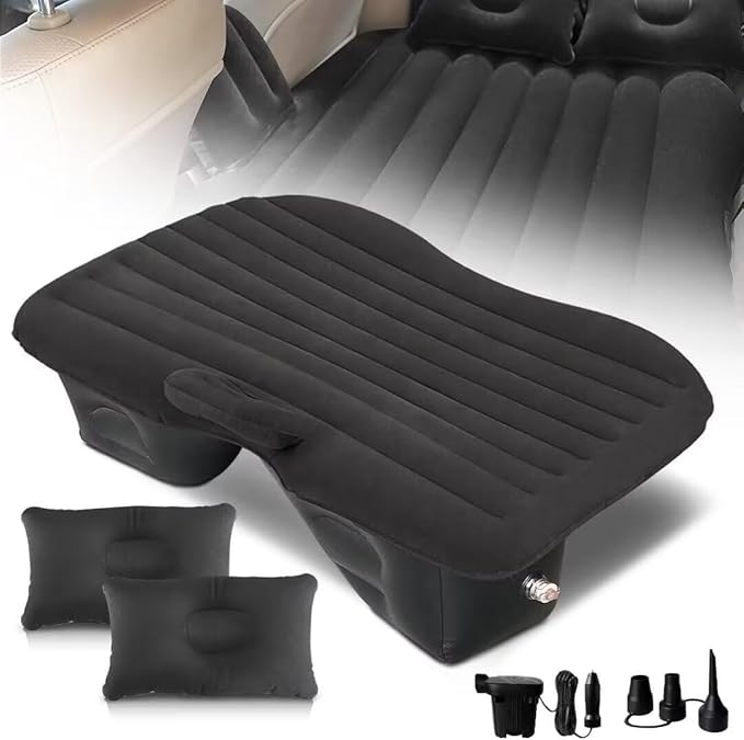 SUV Air Mattress - Thickened Double-Sided Travel Inflatable Car Bed With Electric Air Pump and 2 Pillows for Home Outdoor and Travel (Black)