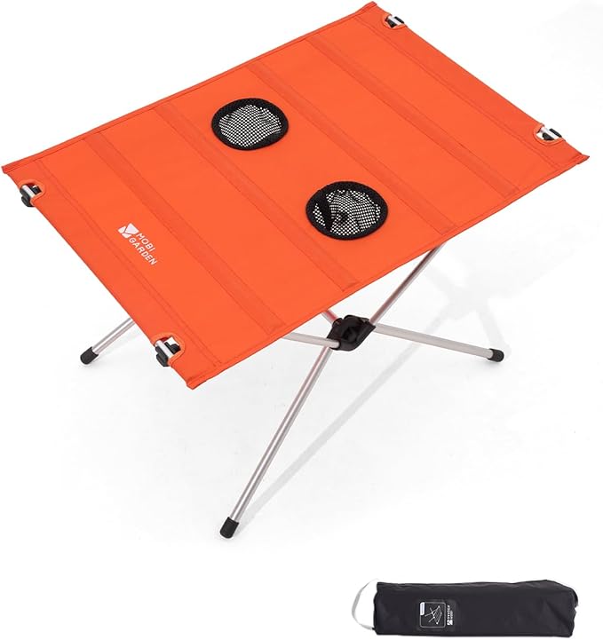 MOBI GARDEN Portable Camping Table 7001 Aluminum Frame Lightweight Folding Table with Integrated Cup Holders &amp UL Hard Top Camping Coffee Table