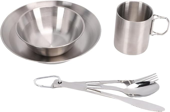 Outdoor Camping Mess Kit Stainless Steel Dishes Set Tableware Dinnerware Includes Plates Bowl Cup Forks Spoons and Knives for Outdoor Backpacking Hiking Travel Picnic