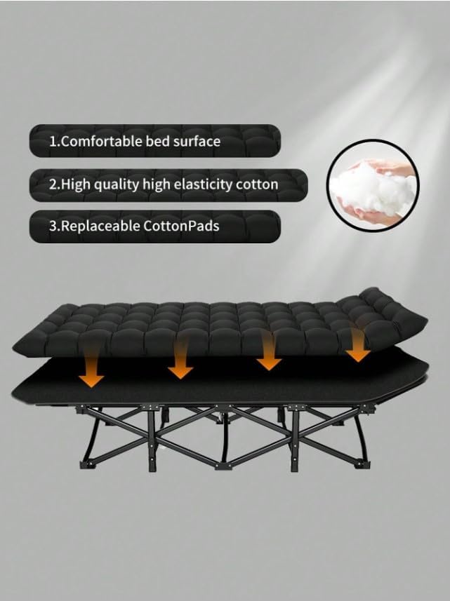 Folding Camping Cot with Mattress Portable Bed for Adults Comfortable Sleeping Solution for Indoor Outdoor Travel Home Office Use with Carry Bag (Black)