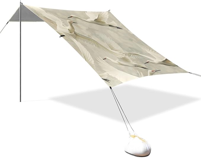 White Swan Pattern Beach Tent Sun Shelter 9.2' x 10.5' Beach Canopy with 4 Sandbags 4 Stability Poles Sand Shovels - Tent Canopy for Beach Camping Fishing Picnics